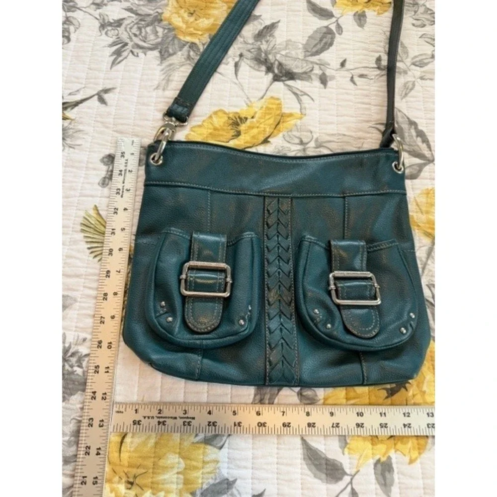 Tignanello Teal Pebble Leather Braided Buckle Flap Crossbody Bag EUC
